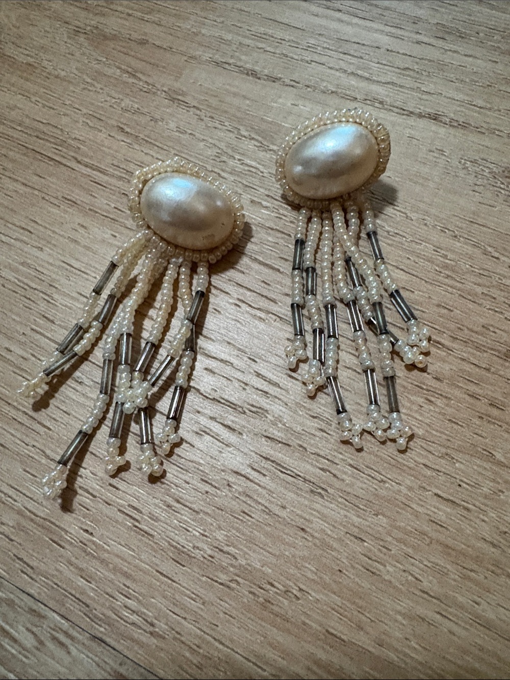 Vintage Faux Pearl & Seed Bead Drop Dangle Post Earrings